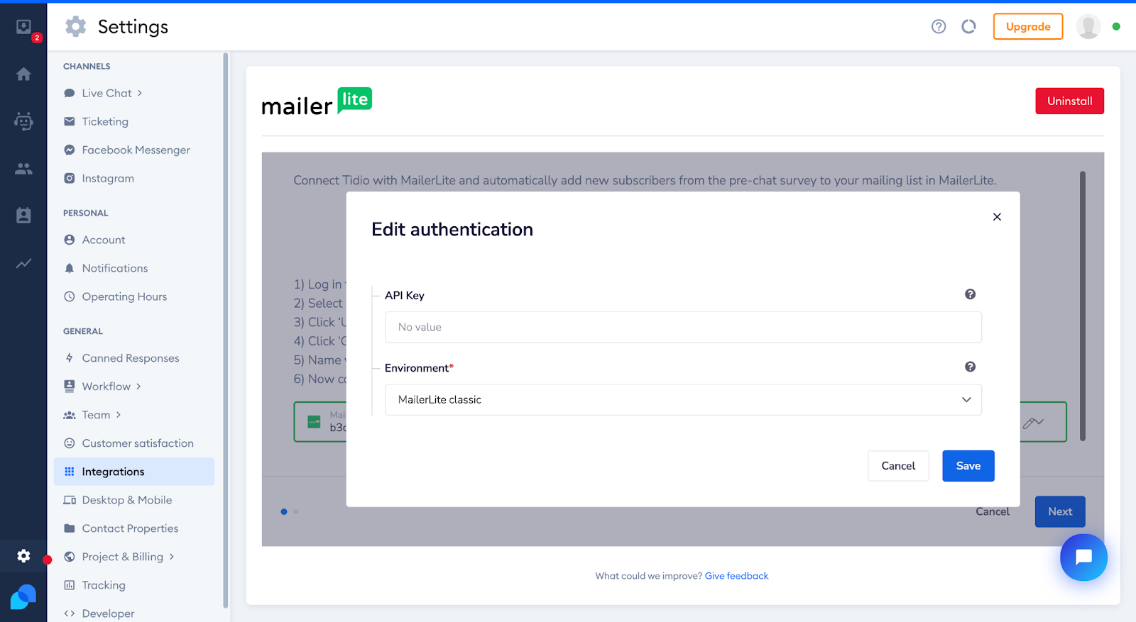 Integration with MailerLite Tidio